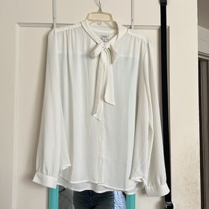 Button Up Draped Neck Tie Blouse